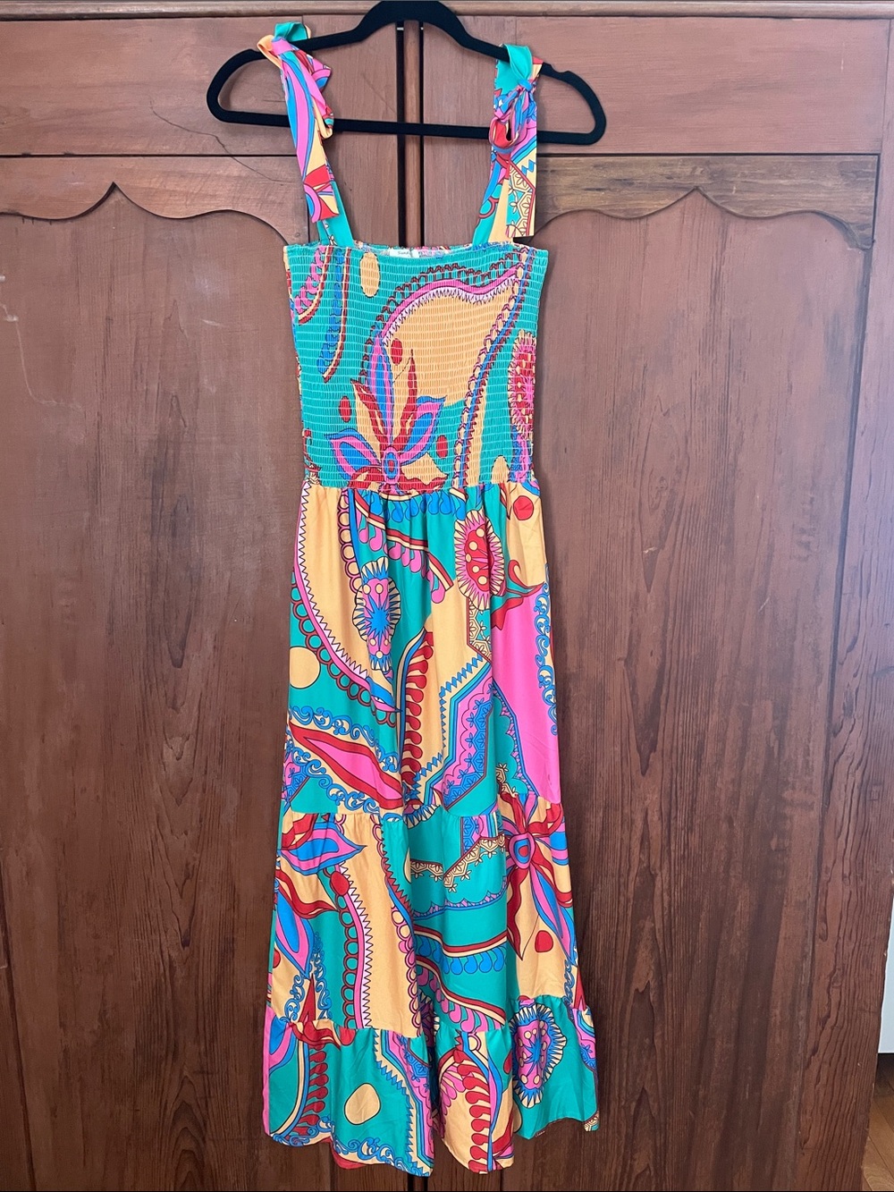 Smocked Paisley Midi Dress in Teal, Pink & Yellow